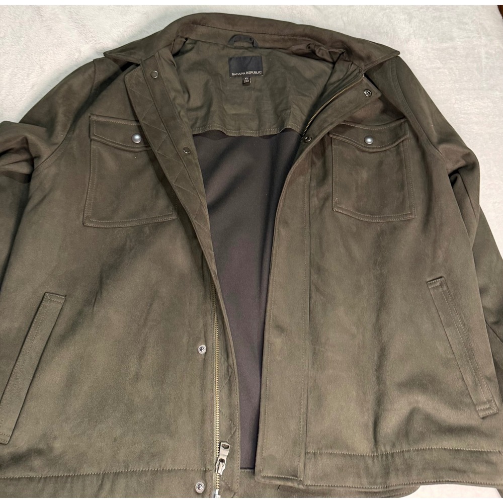 Banana Republic Mens XL Vegan Suede Trucker Jacket Olive Green Full Zip Utility - Picture 7 of 13